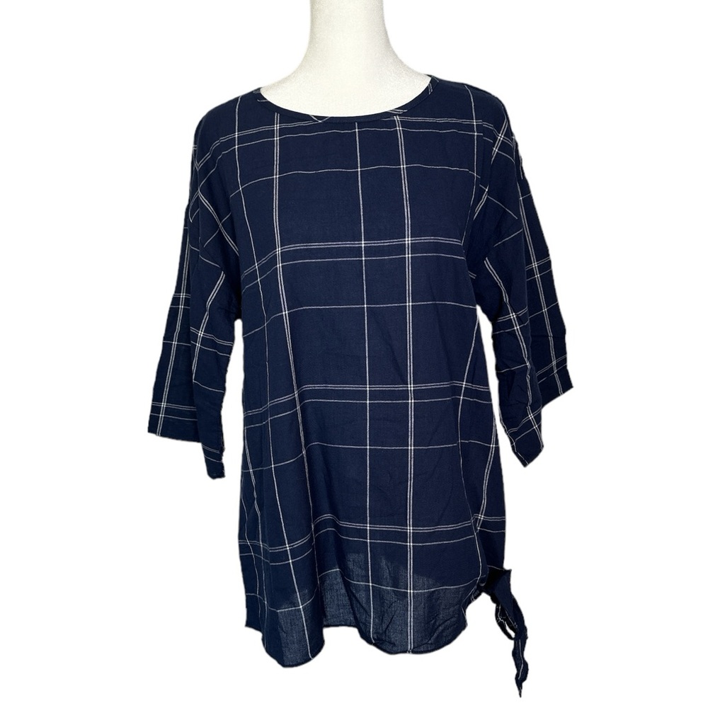 NWOT Doe & Rae Navy Plaid Blouse - Picture 1 of 2